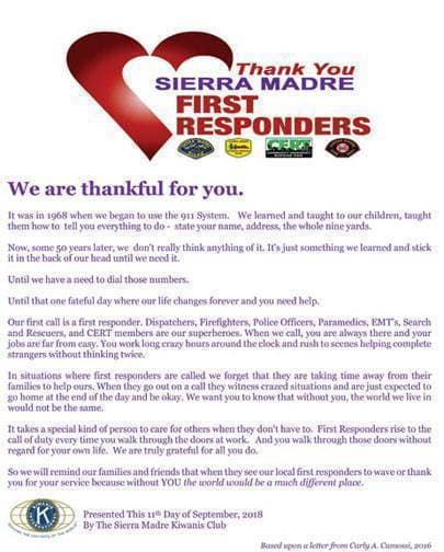 1st Responders Sierra Madre Kiwanis